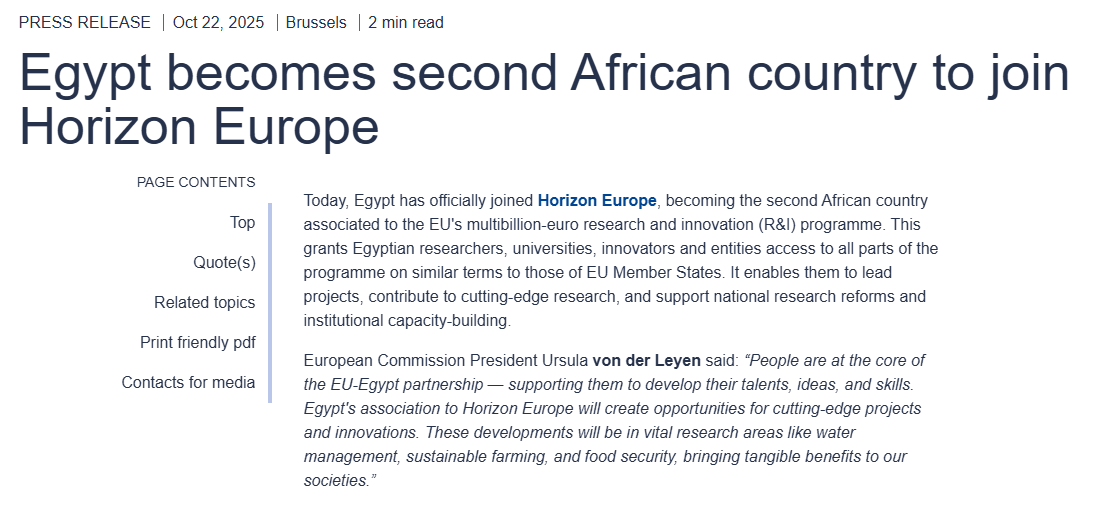 Egypt becomes second African country to join Horizon Europe